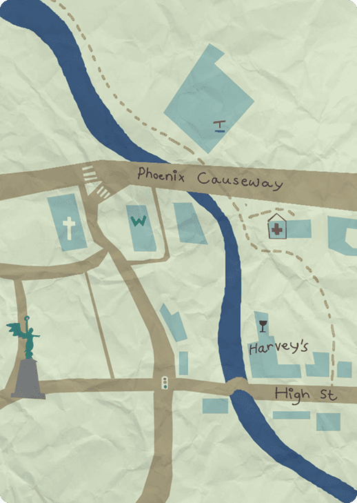 Illustrated map of central Lewes around Phoenix Causeway and High Street